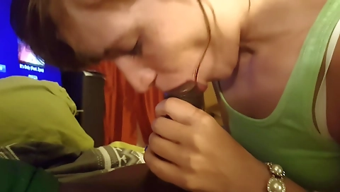 Brunette deepthroat sucks a dick and also gets her pussy wet