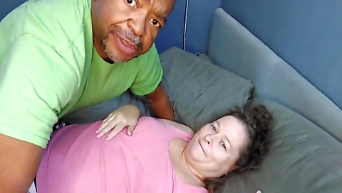 Amateur mature bbw swallows cum in a interracial clip