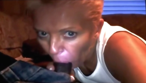 Thick blonde milf giving deepthroated blowjob to black friend