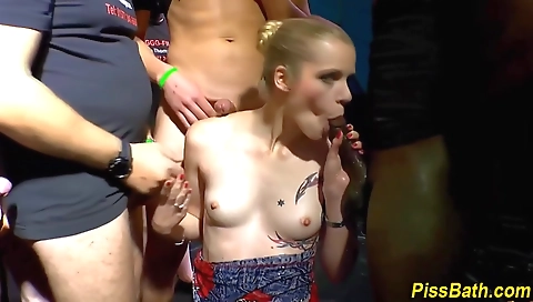 Blonde gangan bang sex and pissing from three sluts