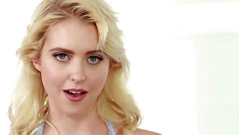 Amateur blonde girl in her pink blouse getting horny