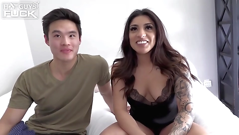 Interracial threesome with a brunette and a red head