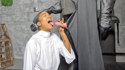 Ebony 18+ brunette gets her mouth filled with a big cock